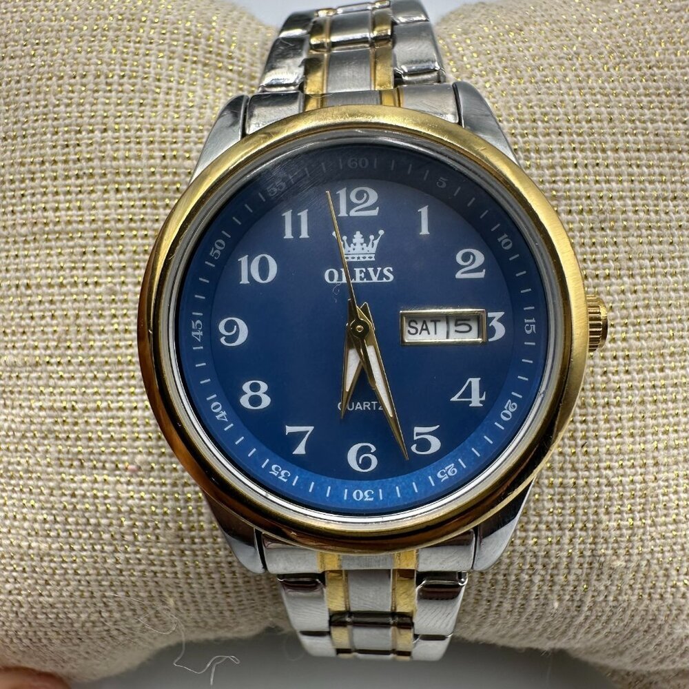 Olevs Watch Women Silver Gold Two Tone Blue Dial Date New Battery 6.75 Inch